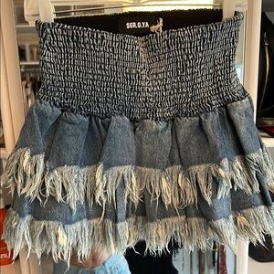 SER.O.YA Blue Denim Fringe Skirt